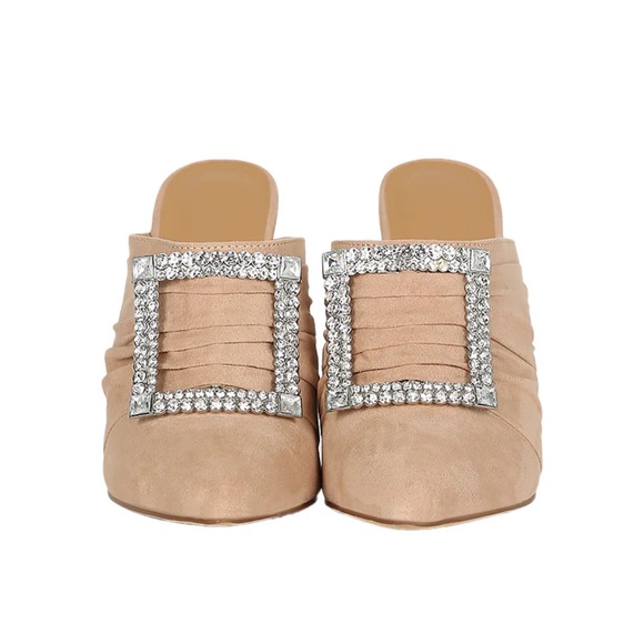 Suede mule heel with rhinestone buckle. - Picture 1 of 3